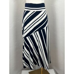 Summer Cotton Jersey MIdi Skirt Diagnoal Navy White Stripes (Size 34 or US: XS)